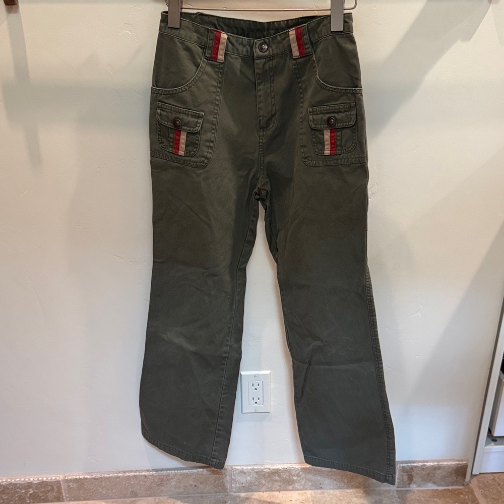 Girls Mary-Kate and Ashley Olive Green Pants with Red & Cream Ribbon Accents